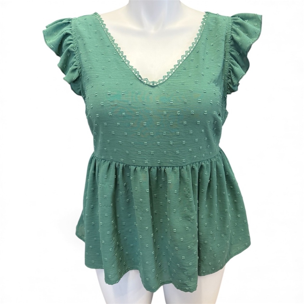 SHEIN Curve Green Textured Peplum V Neck Flutter Sleeve Tie Back‎ Top 1XL